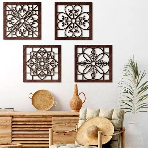 Vista 4 de Yulejo Decoración de pared rústica gruesa de 4 piezas, diseño hueco de madera tallada, arte de pared rústico para sala de estar, dormitorio, Negro