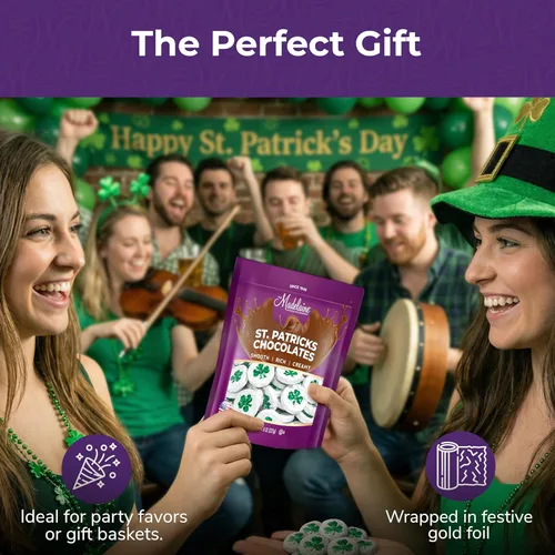 Vista 4 de The Madelaine Chocolate Company Tréboles sólidos de chocolate con leche de alta calidad, bolsa de ½ libra, piezas de chocolate envueltas