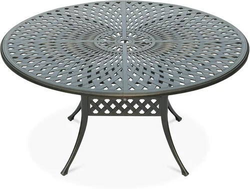 Vista 12 de VIVIJASON Mesa rectangular de comedor para patio al aire libre, mesa de patio grande rústica de aluminio fundido de bronce con agujero para paraguas