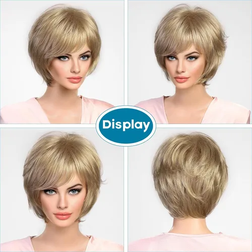 Vista 3 de HAIRCUBE Peluca corta rubio ceniza con fleco, pelucas de corte pixie en capas para mujer, fibra sintética de memoria saludable, pelucas sin #25