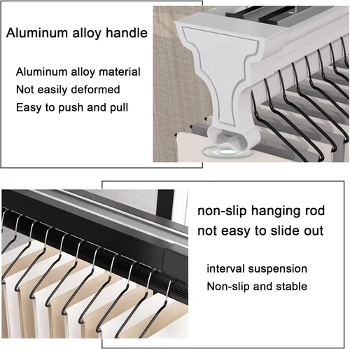 Vista 5 de Barra de valet para armario extraíble, soporte retráctil para pantalones de 99.2 lbs, riel de ropa extraíble de aleación de aluminio, riel Negro