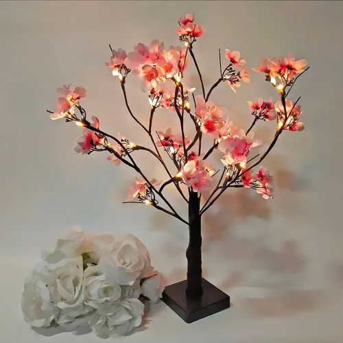 Vista 4 de Árbol de cerezo iluminado, 21.7 pulgadas, 24 luces LED artificiales de mesa de cerezo bonsái, funciona con pilas, decoración de árbol de flores
