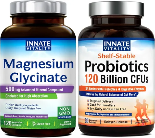 Innate Vitality Glicinato de magnesio y probióticos paquete de 120 mil millones, sin OMG, sin gluten, lácteos de soja y vegano, magnesio (120