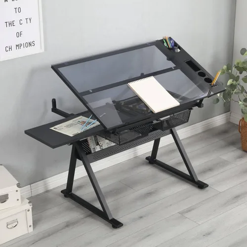 Vista 8 de Mesa de dibujo con taburete, moderno escritorio de impresión de vidrio templado ajustable negro para estudio de arte, hogar, oficina, escuela