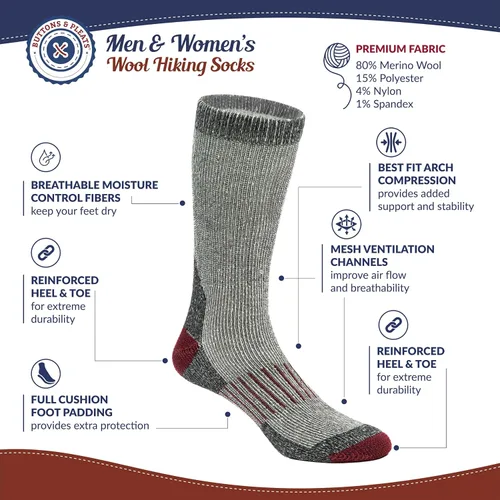 Vista 2 de Buttons & Pleats Wool Socks for Men & Women Merino Thermal Warm Cozy Winter Boot Sock