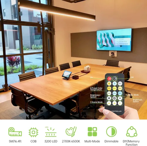 Vista 2 de COB - Tira de luz LED 2700K-6500K CCT ajustable blanco CRI90+ 16.4 pies, súper brillante, regulable, 24 V, cinta de luces LED con control remoto RF