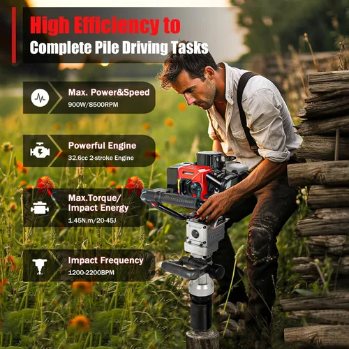 Vista 3 de 2 Stroke T Post Driver 32.6CC Gas Powered Fence Farm Push Pile Digger,Máquina portátil de piledriver de gasolina Piledriver