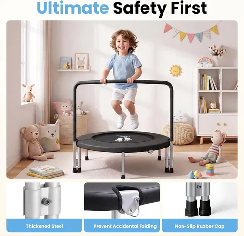 Vista 2 de RAVS 36" Toddler Trampoline for Kids Ages 1-6 with Thick Safety Pad Adjustable Foam Handle Easy Assembly Foldable Mini Kids Rebounder Baby