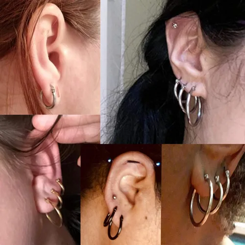 Vista 5 de ORAZIO 4 Pares de pendientes de argollas de acero inoxidable. Pendientes tipo argolla plana para mujer, de 10-20 milímetros.