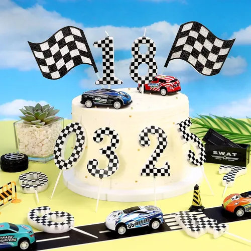 Vista 6 de Velas de cumpleaños con temática de autos de carreras, velas de cumpleaños a cuadros número 0, decoraciones de pastel de feliz cumpleaños