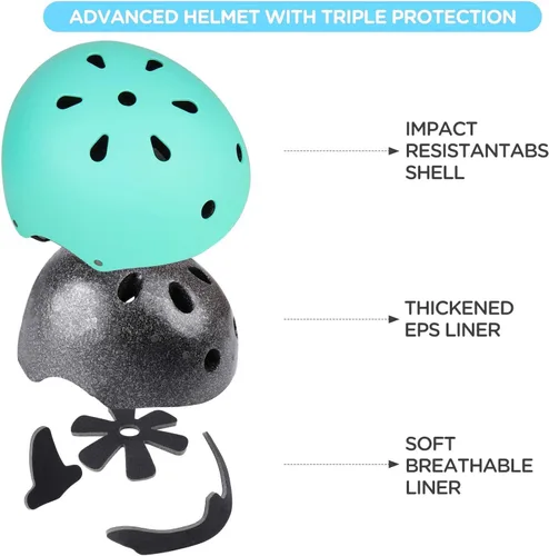 Vista 2 de Casco ajustable para niños con rodilleras, coderas y muñequeras - Cascos de bicicleta para niños pequeños de 3-5, 5-8, 8-14 años - Perfecto