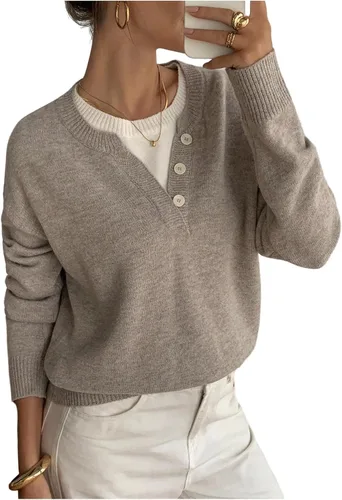 Vista 3 de SOLY HUX Suéteres Pullover para Mujer de Manga Larga con Botones Cuello Redondo 2 en 1 Tops de Punto Holgados Albaricoque y Beige