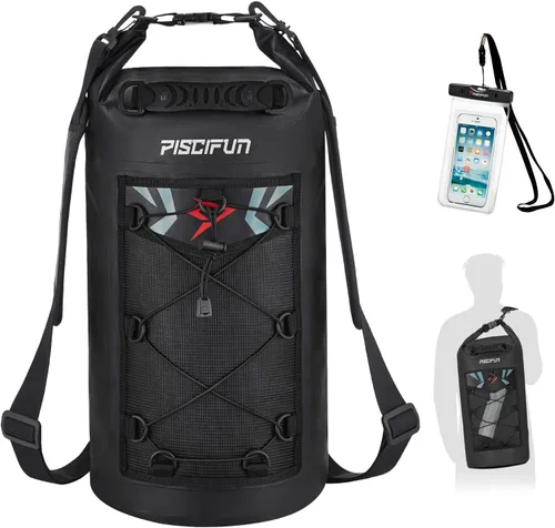 Vista 18 de Piscifun Bolsa seca, mochila flotante impermeable 10L/20L/30L/40L con funda impermeable para teléfono para navegación, kayak, pesca