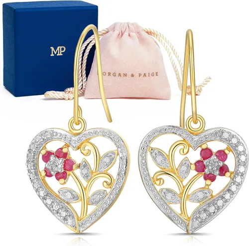 Vista 6 de Aretes colgantes de plata de ley chapada en oro amarillo de 18 quilates con diamantes y rubí genuino con acento de corazón de 1 pulgada, Metal Gema