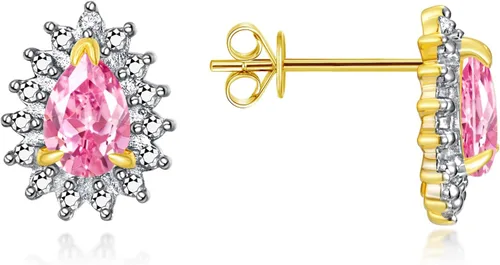RYLOS Aretes tipo dormilona con halo de oro amarillo de 14 quilates, piedras preciosas y diamantes en forma de pera de 0.236 x 0.157 in, exquisita