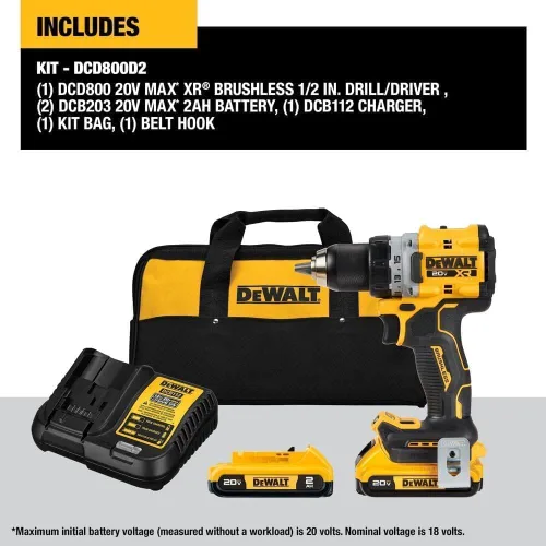 Vista 2 de DEWALT Kit de taladro/destornillador inalámbrico MAX XR de 20 V, sin escobillas, compacto, con 2 baterías y cargador (DCD800D2)