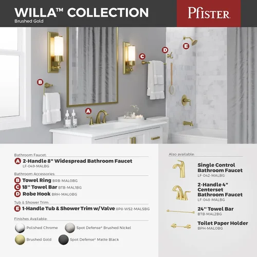Vista 5 de Pfister Willa LF048MALBG - Grifo de lavabo de baño de 4 pulgadas, 2 manijas y 3 agujeros, certificado NSF, acabado dorado cepillado con drenaje