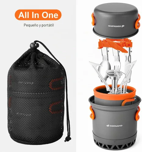 Vista 7 de Odoland Juego de ollas de camping con intercambiador de calor, juego de cocina con estufa de camping portátil, kit de comida de camping, incluye