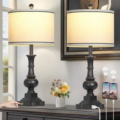 Vista 14 de 27" Farmhouse Lamps Set of 2 with USB C+A Charging Ports, Vintage Rustic Touch Control Table Lamp for Living Room, 3-Way Dimmable Traditional