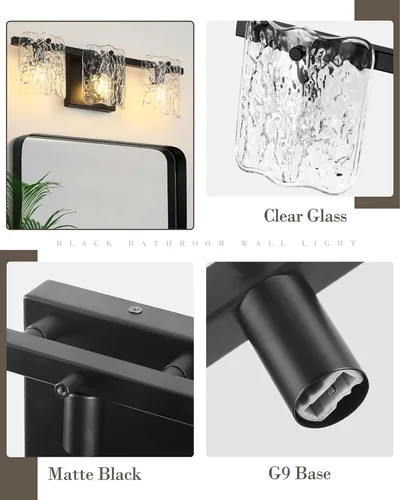 Vista 2 de OS-MM5002-3BK - Lámpara de tocador de baño de 3 luces, lámpara de baño negra sobre espejo con vidrio transparente, lámpara moderna de pared de baño