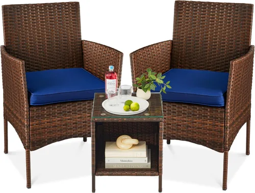 Vista 27 de Best Choice Products Juego de 3 piezas de mimbre para conversación al aire libre, muebles de patio que ahorran espacio para jardín con mesa