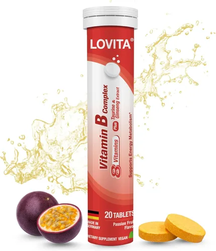 LOVITA Comprimidos efervescentes del complejo de vitamina B, 20 unidades, más extracto de taurina y ginseng, apoya el metabolismo energético, sabor