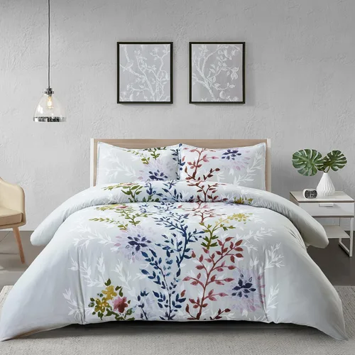 Vista 11 de Style Quarters Dahlia Lane - Juego de funda de edredón de 3 piezas, tallos florales multicolor con siluetas de hojas blancas, 100% algodón, lavable