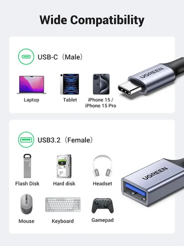 Vista 10 de UGREEN Adaptador USB C a USB 3.0 tipo C macho a hembra tipo A, gris Cable OTG de 5 Gbps, trenzado de nailon, aluminio, compatible con iPhone 17