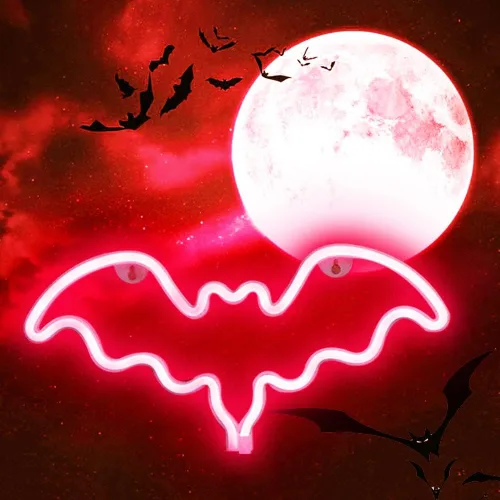 Vista 7 de Vicila Letreros de neón con forma de murciélago para Halloween, luces de neón LED, regalos espeluznantes, lámpara con forma de murciélago para Azul