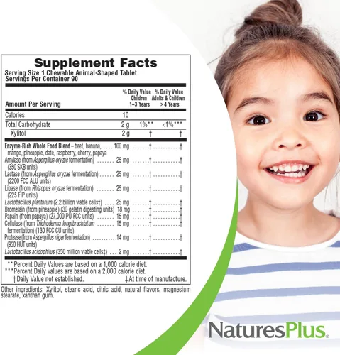 Vista 5 de NaturesPlus Animal Parade Source of Life - Ayuda digestiva masticable para niños, sabor a frutas tropicales, 90 tabletas en forma de animal