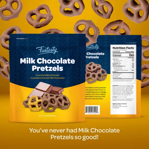 Vista 2 de Funtasty Pretzels cubiertos de chocolate con leche, aperitivo dulce y salado, bolsa de 22 onzas
