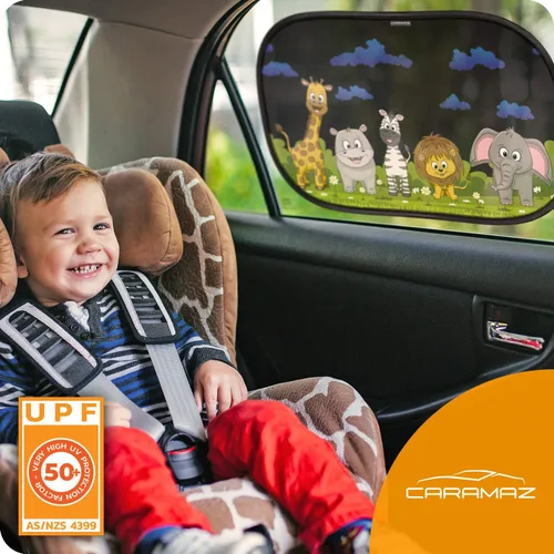 Vista 3 de CARAMAZ Paquete de 2 persianas para ventana de automóvil para bebé con protección UV certificada, 21 x 14 pulgadas Animales (Animals)