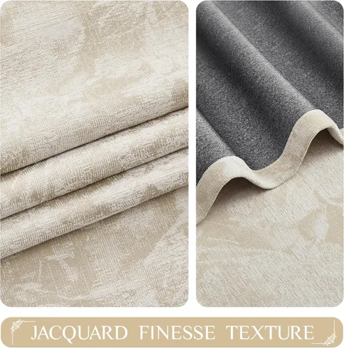 Vista 2 de Beauoop - Cortinas opacas beige con diseño floral jacquard, 2 paneles, para dormitorio/sala, de felpilla, gris pardo, aislantes y a prueba de ruido