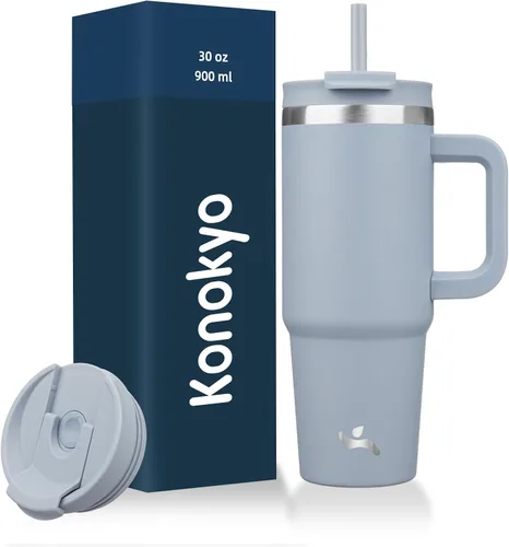 Vista 46 de Konokyo Vaso de 30 onzas con asa y 2 popotes, botella de agua aislada con tapa 2 en 1, taza de café de viaje de acero inoxidable, verde militar