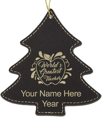 LaserGram Personalized Christmas Ornament, World's Greatest Teacher, Faux Leather, Custom Laser Engraved Gift Idea (Tree Shape, Black)