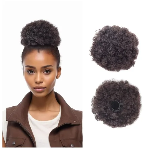 Vista 10 de Extensión de cola de caballo afro con cordón, corta sintética afro rizada para cabello natural, clip en cordón rizado, moño (grande, 1B#)