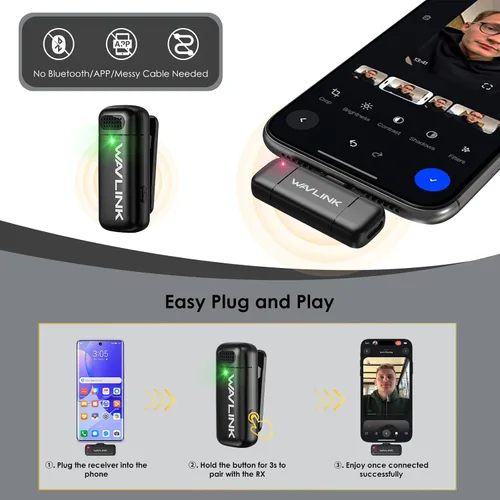 Vista 2 de WAVLINK Micrófono Lavalier inalámbrico para iPhone 16/15/14/13/12 Android Vlog, sistema de micrófono de solapa con clip y entradas Lightning y USB-C