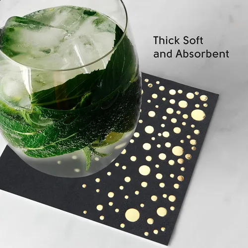 Vista 2 de Elegantes servilletas negras y doradas, desechables de 5 x 5 pulgadas, servilletas de cóctel negras y doradas, 100 servilletas doradas y negras