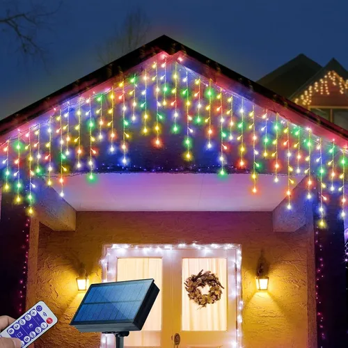 Vista 10 de 304 luces LED solares de carámbano de Navidad para decoración al aire libre, 8 modos de luces impermeables para exteriores, vacaciones, patio