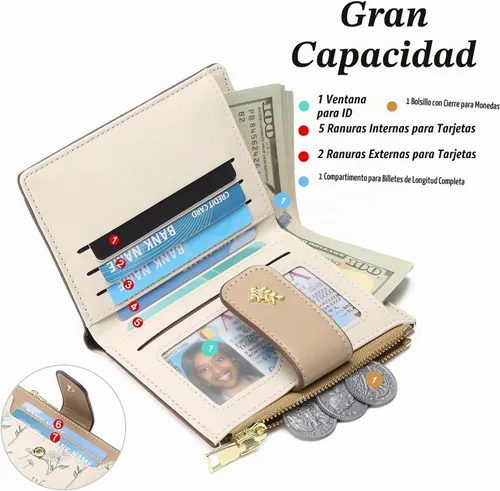 Vista 2 de Billeteras pequeñas para mujer, con bloqueo RFID, bolsillo con cremallera, tarjetero con ventana de identificación, Marrón, Slim