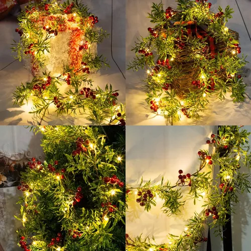 Vista 3 de Guirnalda de luces artificiales de Navidad de 5.9 pies con 162 bayas rojas nevadas, 55 hojas verdes, 20 luces LED, funciona