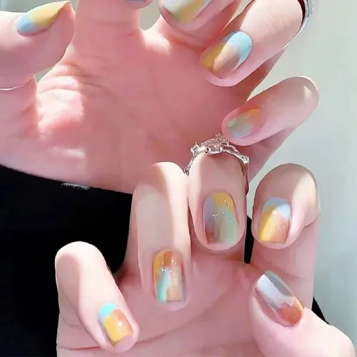 Vista 10 de Magrace Uñas postizas cortas a presión, cuadradas, ataúd, puntas francesas, uñas postizas con diseños, 24 unidades, uñas adhesivas para mujer