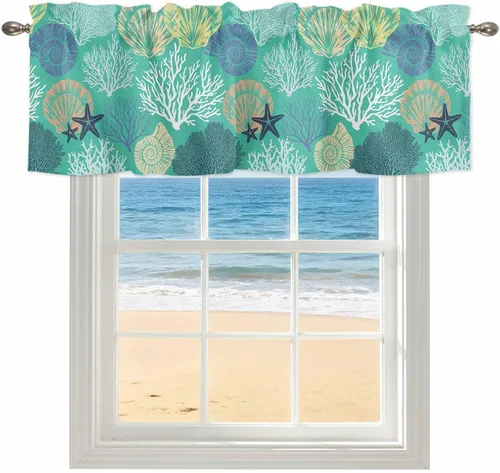 Vista 44 de Cenefa de amarre para ventanas, cortinas náuticas costeras de coral, cenefas con bolsillo para barra, cortinas de ventana con temática de playa