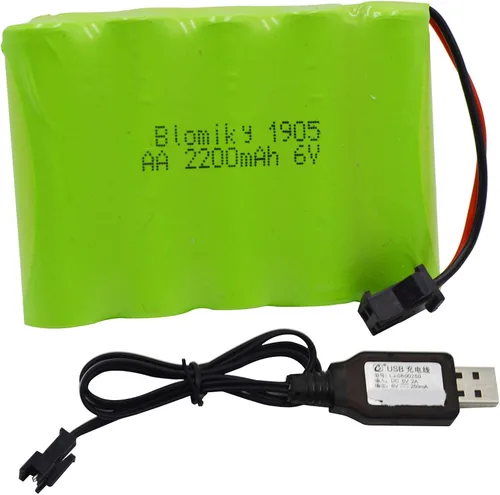 Blomiky 6V 2200mAh Ni-MH 5 AA Batería recargable con SM-2P Negro 2 Pin conector enchufe y cable USB para camiones RC Vehículos 6V NiMh
