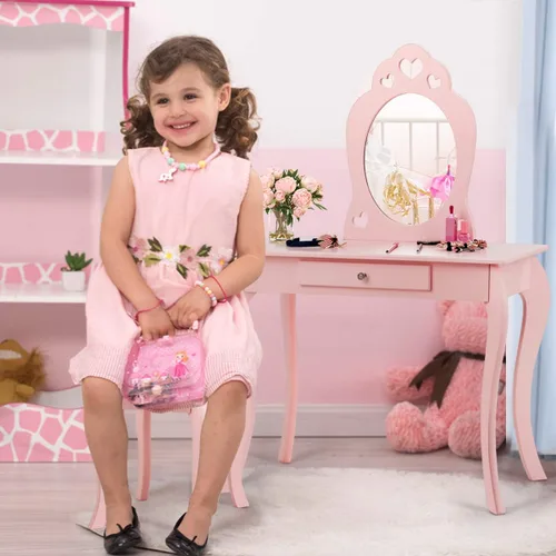 Vista 2 de GLACER Juego de mesa y silla para niños, tocador de maquillaje con espejo y cajón, juego de tocador de princesa de madera 2 en 1 con parte superior