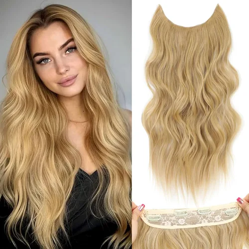 Vista 24 de Extensiones de cabello tipo halo de 20 pulgadas, extensiones de cabello con alambre invisible ajustable, largo, ondulado, sintético, mejorado, 4
