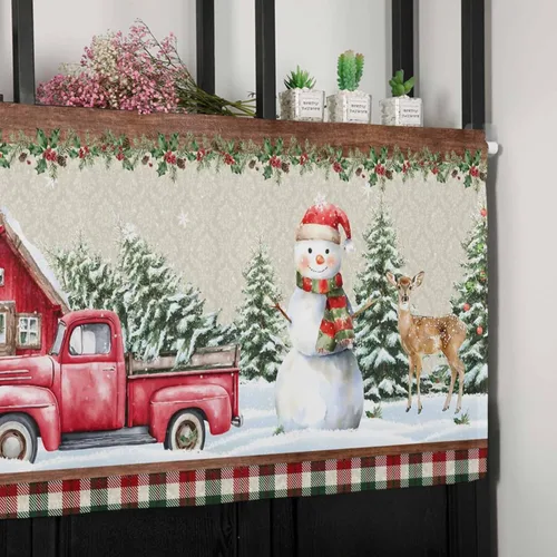 Vista 7 de Cortina de ventana de Navidad para cocina, cenefa para sala de estar, camión rojo con árbol de Navidad, muñecos de nieve, cenefa de cortina