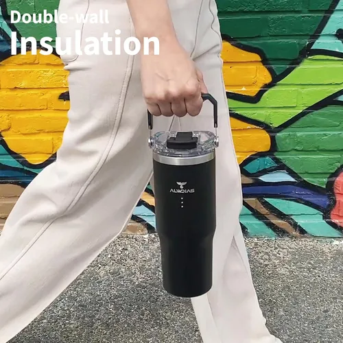 Vista 2 de Samsta - Vaso aislado confiable a prueba de fugas de 32 onzas con diseño de doble tapa, popote y asa, taza de viaje de acero inoxidable de doble