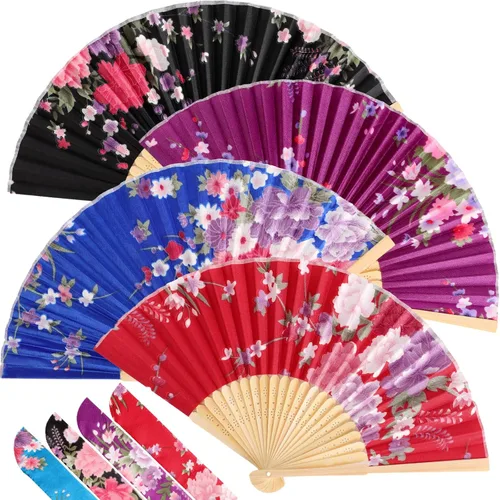 Vista 15 de Zonon Paquete de 4 abanicos plegables florales de mano, abanicos de bambú de seda con borla para mujer, ventilador plegable de mano ahuecado