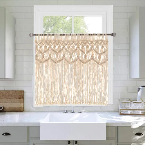 Cenefa de algodón texturizado de macramé bohemio – Cortinas de ventana de cocina y decoración de pared – Cenefa de macramé – Cortinas para ventana